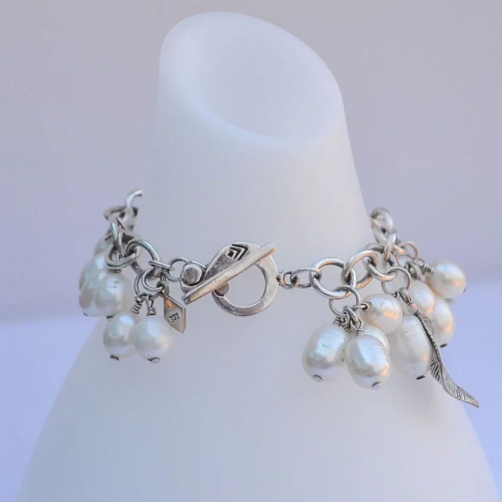 Silpada Cha Cha Sterling Silver Dangle Bracelet with Leaf Charms and Pearls - Picture 3 of 6